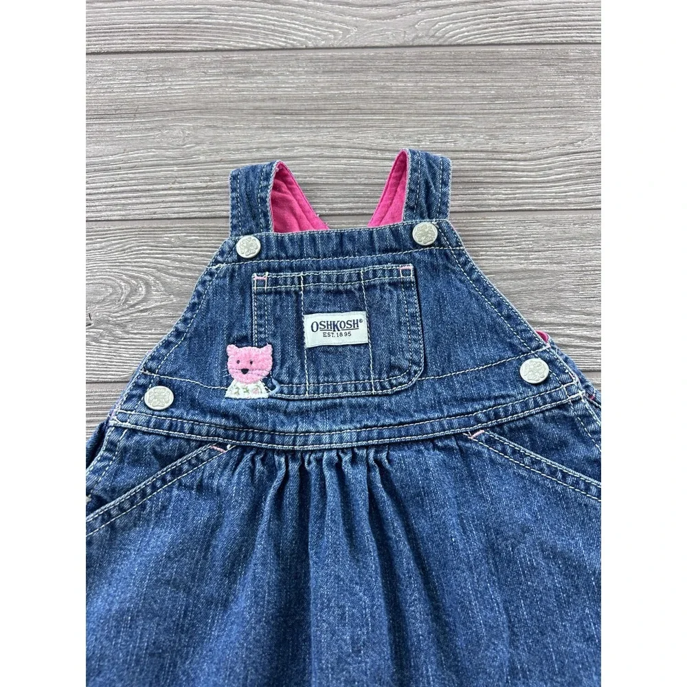 OshKosh Bgosh Baby Girls Denim Jumper Dress Embroidered Cat Apple Size 3-6M